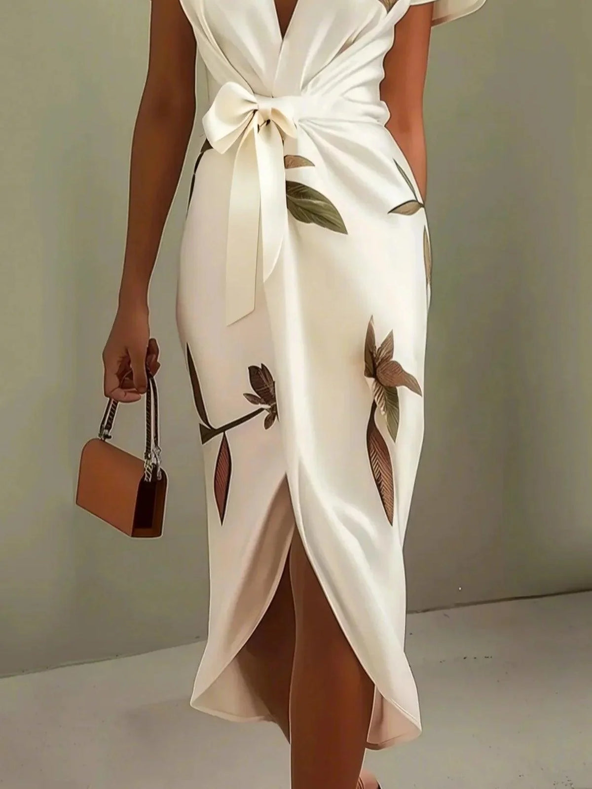 Women's Dress with Leaf Print, V-Neck and Wrap Design