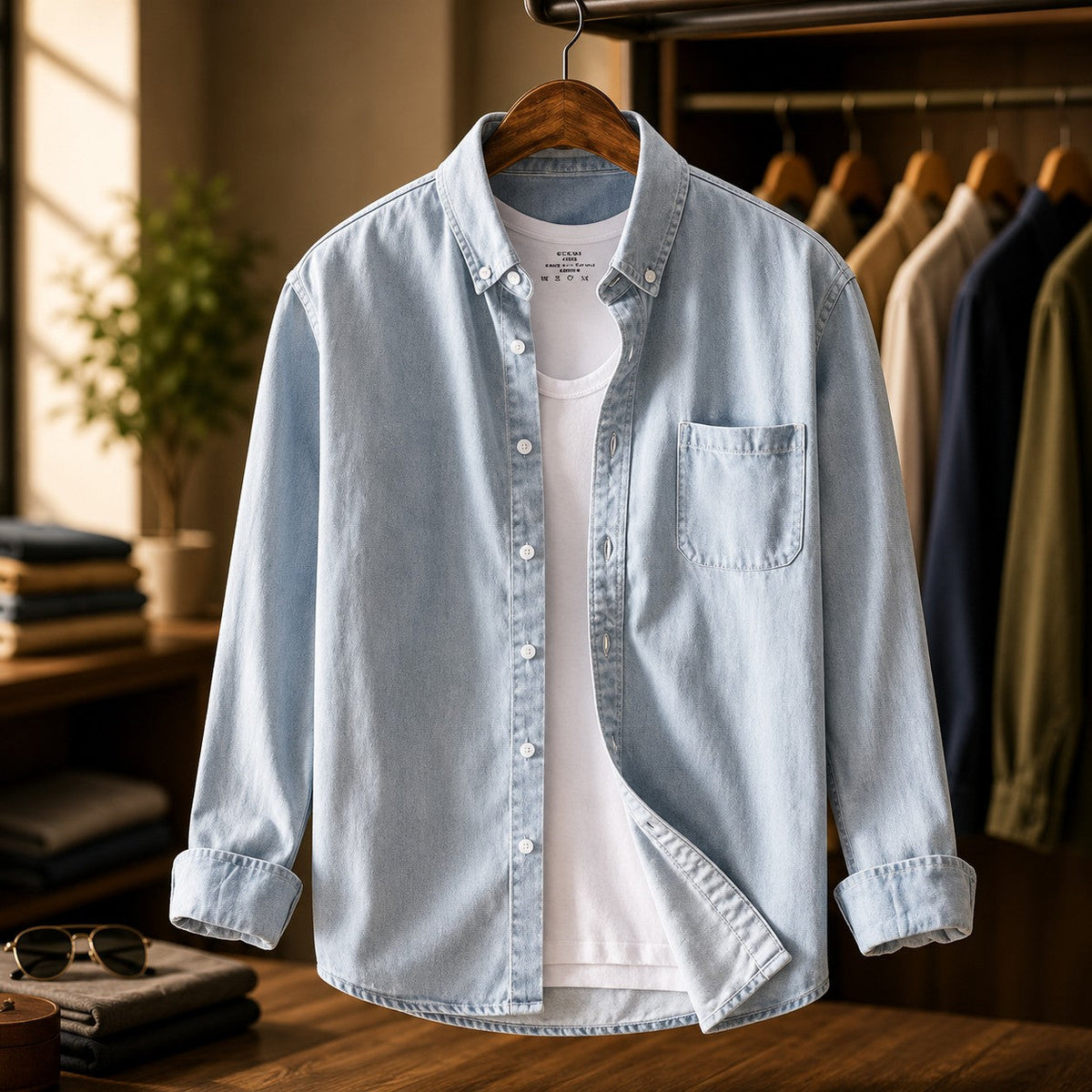 Unisex Denim Shirt with Button-Down Front and Chest Pocket