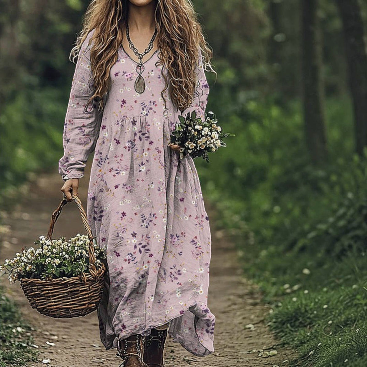 Women's Vintage Western V-Neck Maxi Dress
