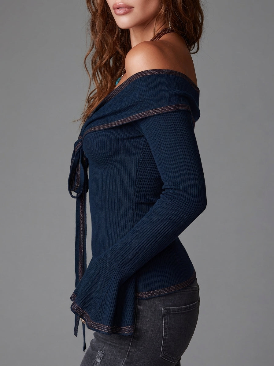 Women's Navy Tie Front Off Shoulder Knit Top