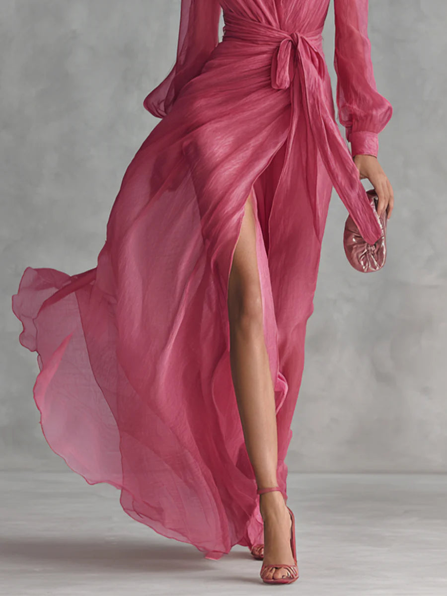 Women's Long Dress with V-Neck and Tie Waist