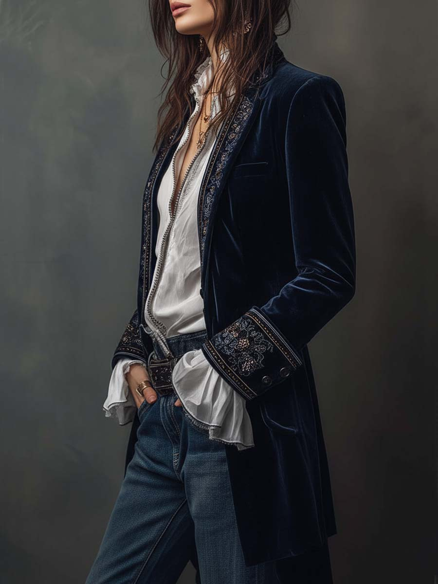 Women's Velvet Embroidered Long Jacket