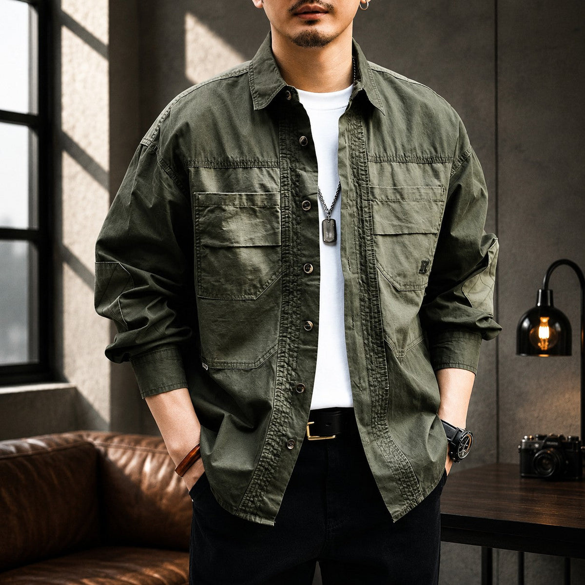 Unisex Overshirt Jacket with Loose Fit and Utility Pockets
