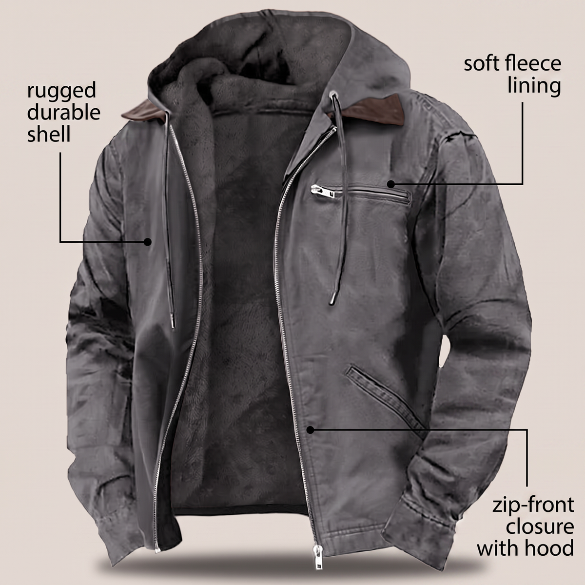 Men's Hooded Jacket with Full Zip and Fleece Lining