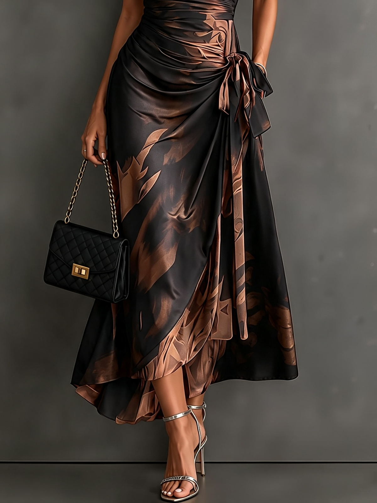 Women's Abstract Print Wrap Midi Dress with V-Neck