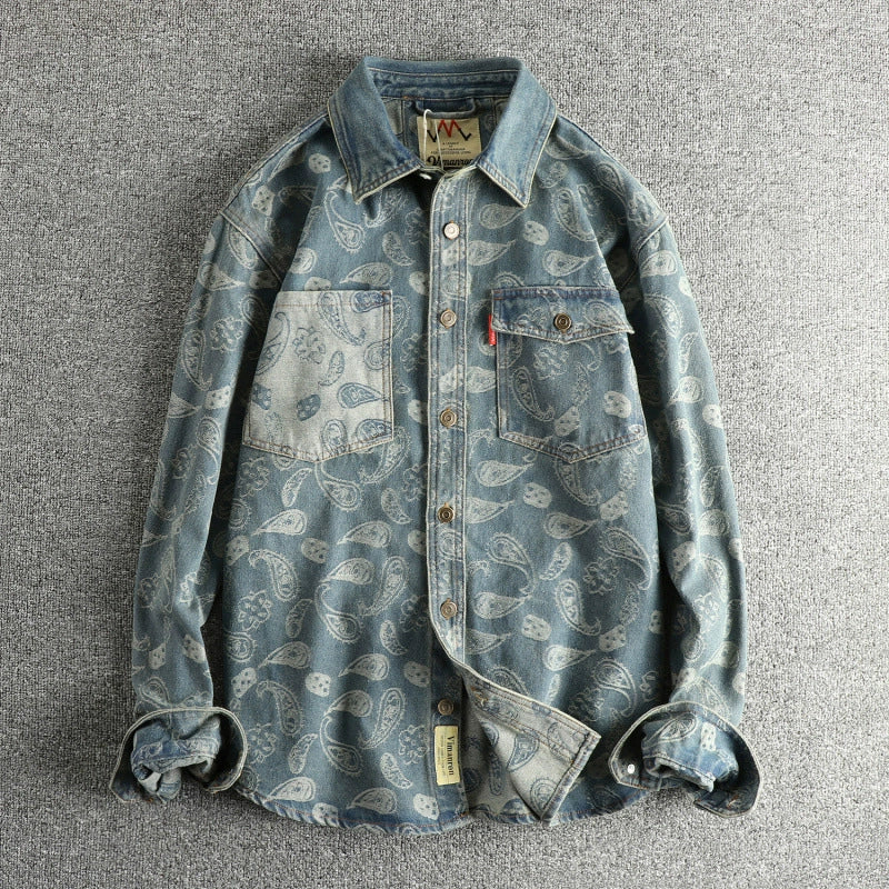 Unisex Denim Shirt with Cashew Flower Pattern