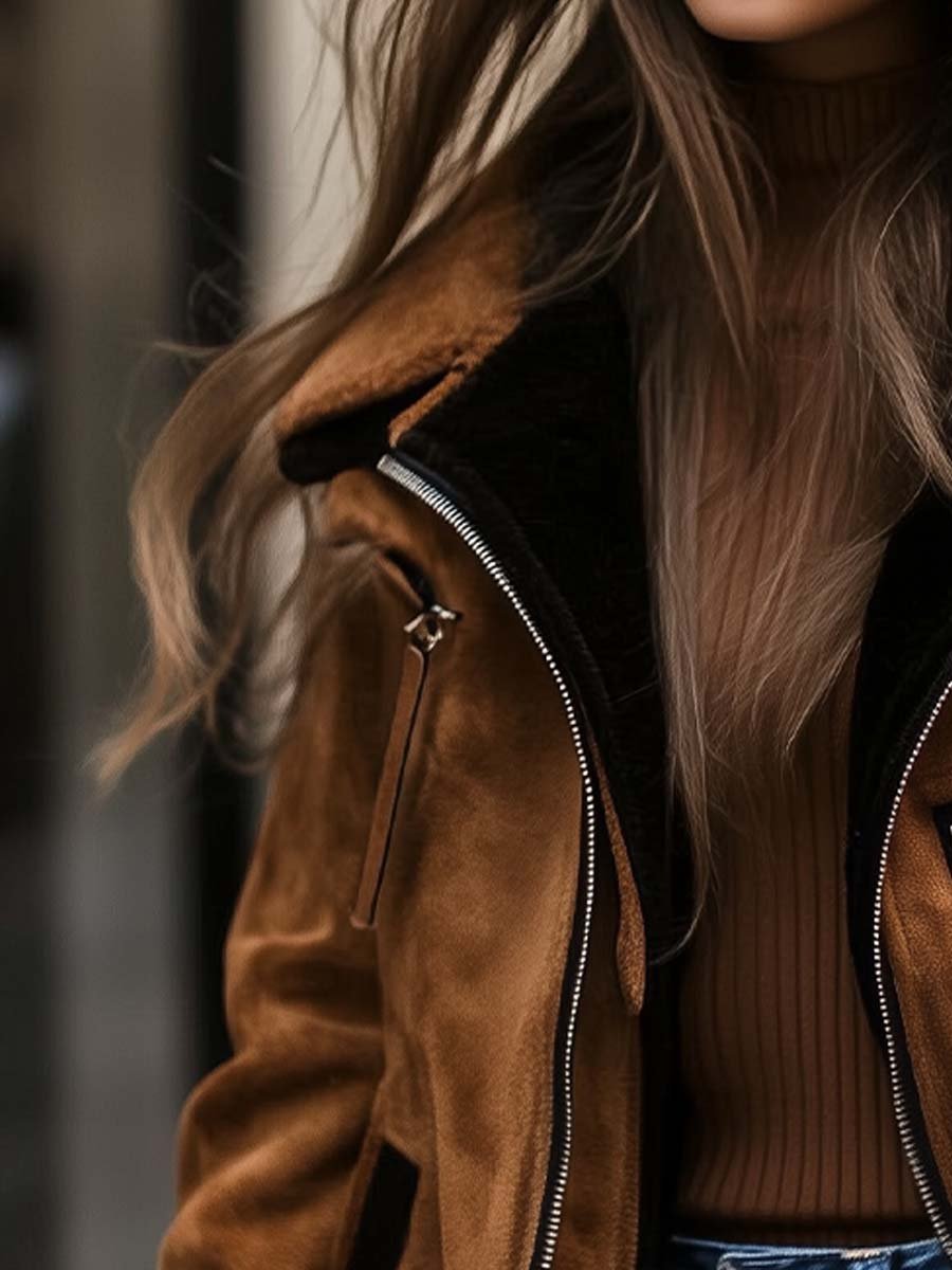 Women's Coat in Suede with Contrast Color Details and Zipper