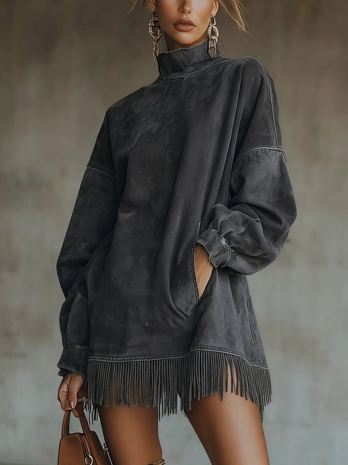 Women's Faux Suede Turtleneck Dress with Fringe Hem