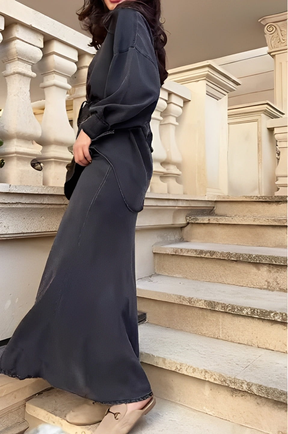 Women's Clothing Set with Long-Sleeved Tie-Drawstring Shirt and Skirt