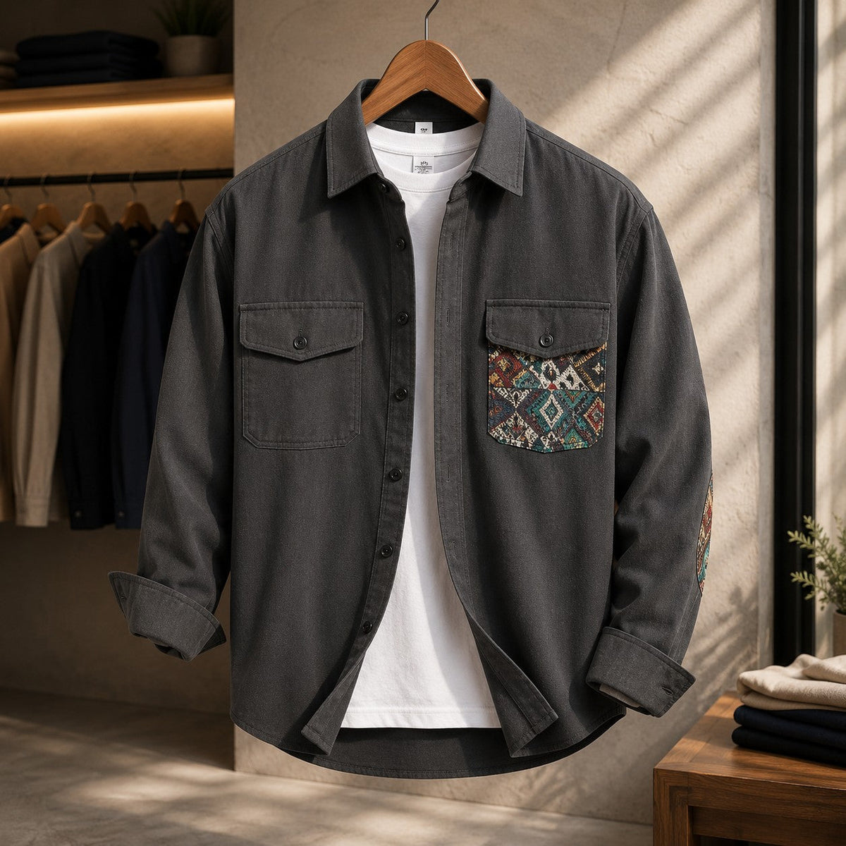 Unisex Overshirt Jacket with Aztec Patch Pocket