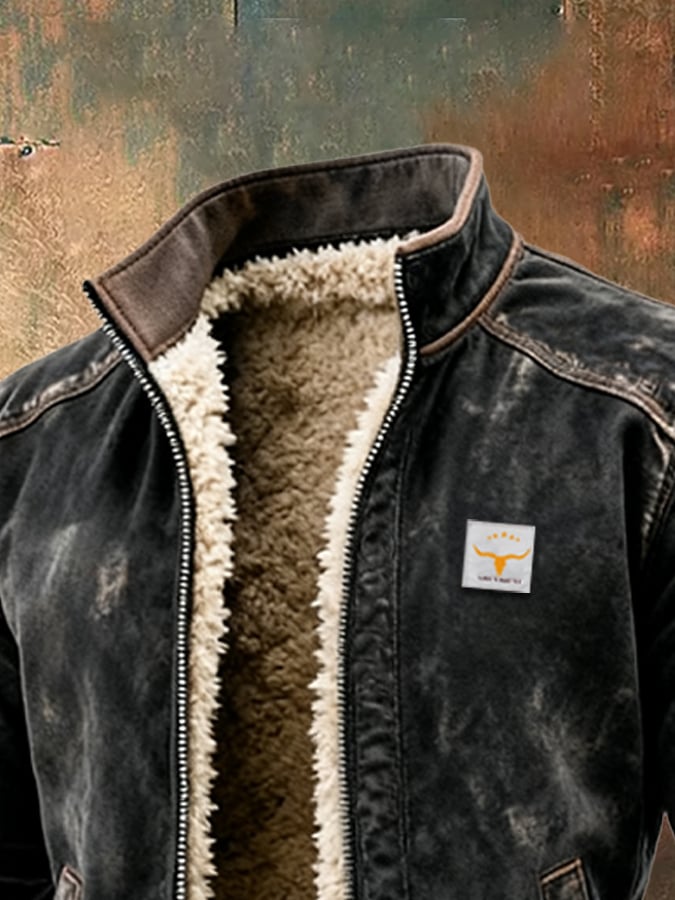 Men's Leather Jacket with Zip Closure and Sherpa Lining