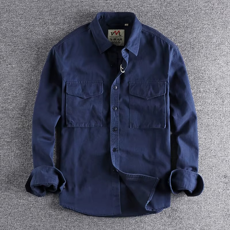 Unisex Long-Sleeve Cotton Twill Shirt with Double Pockets