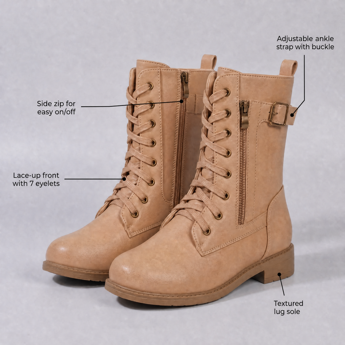 Unisex Mid-Calf Boots with Lace-Up Front and Buckle Details