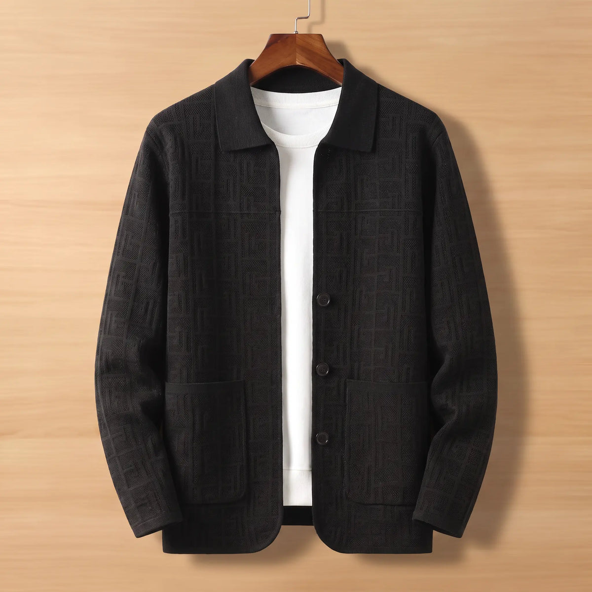 Unisex Jacquard Knit Cardigan with Button Front and Collar