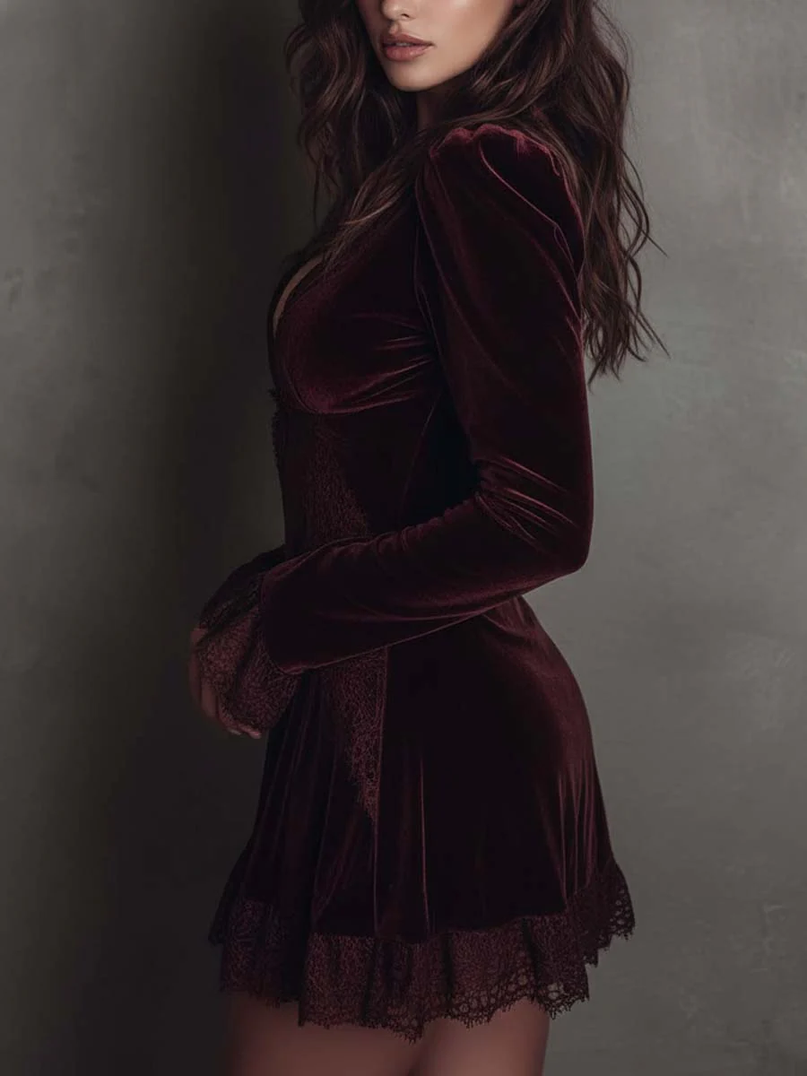 Women's Burgundy Velvet Lace-Trimmed V-Neck Mini Dress