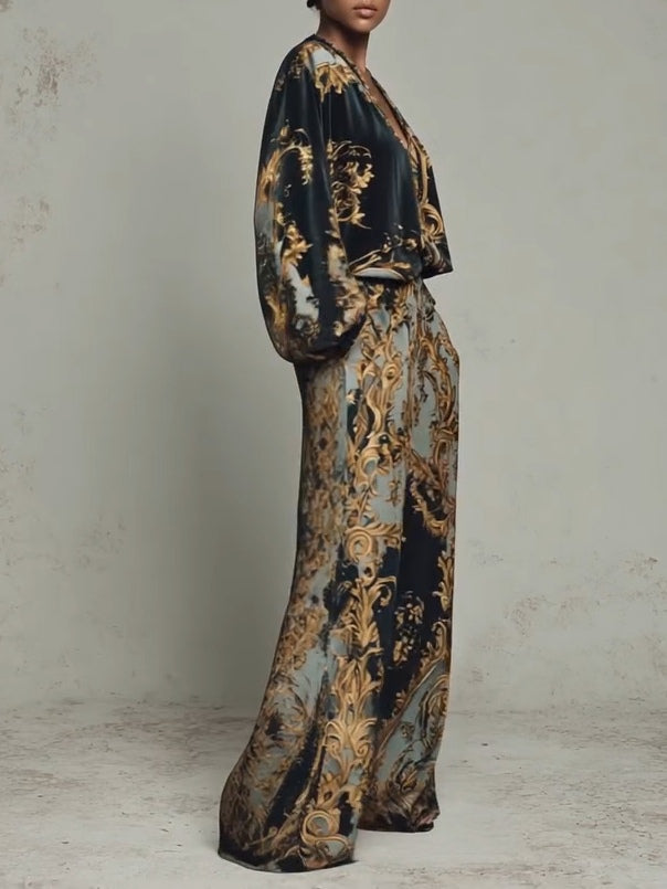 Women's Clothing Set with Floral Print and Wide-Leg Trousers
