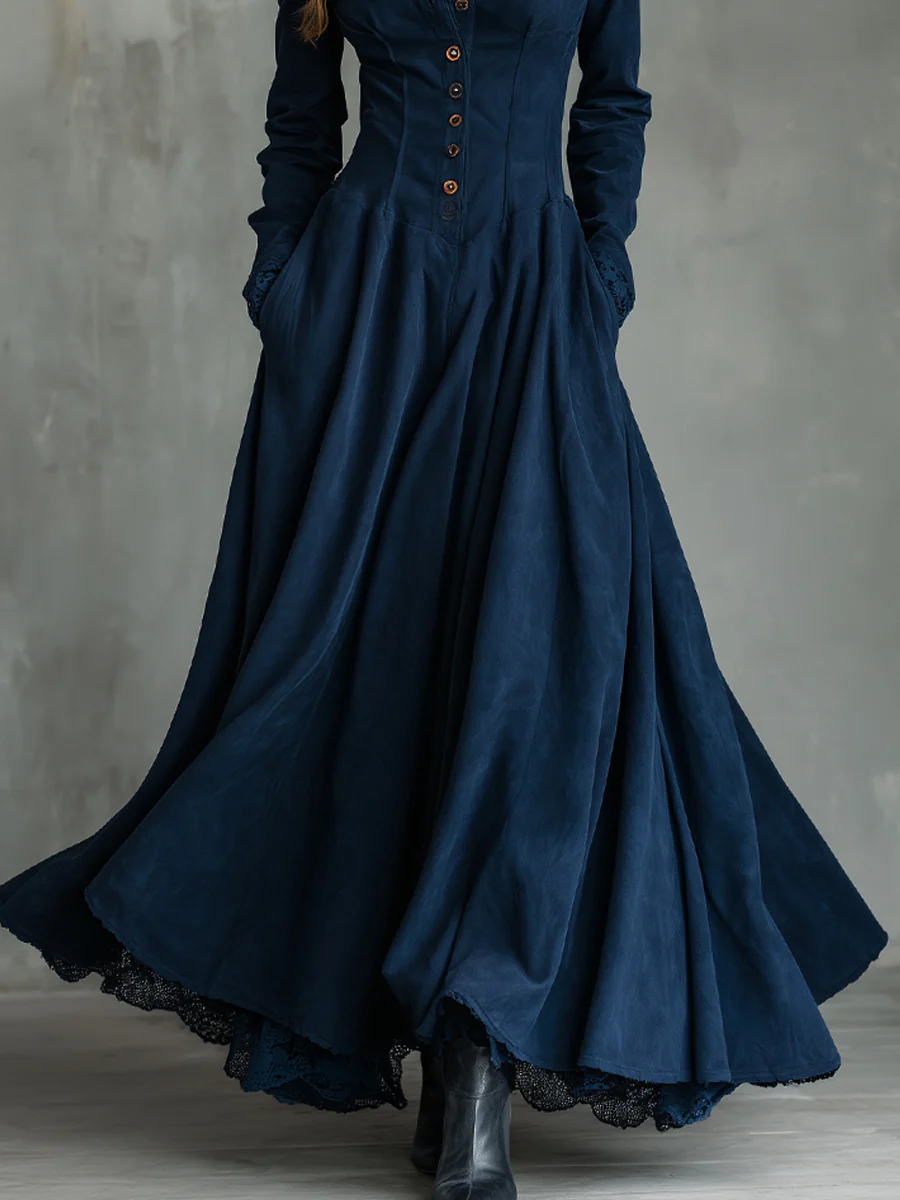 Women's Maxi Dress with Shirt Collar and Lace Trim