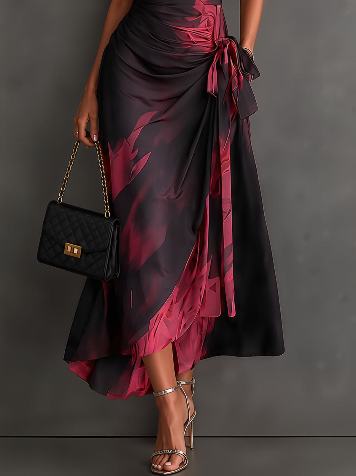 Women's Wrap Midi Dress with Abstract Print and Shirt Collar