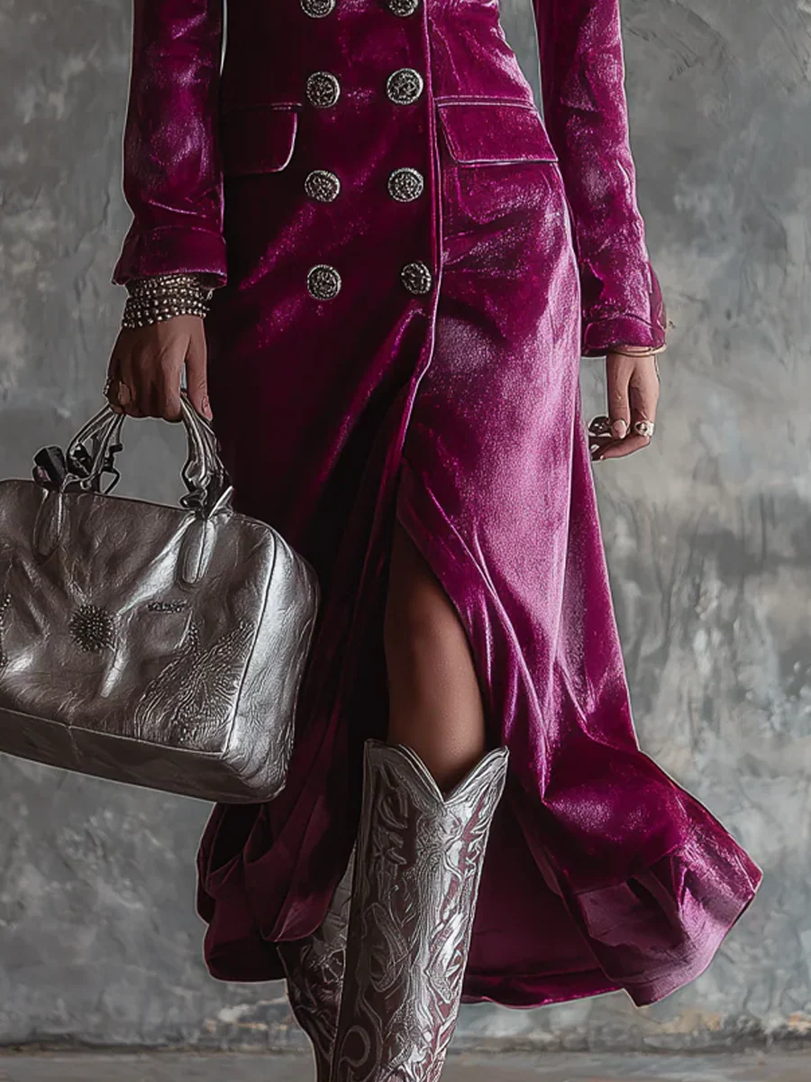 Women's Velvet Long Blazer Maxi Dress in Purple