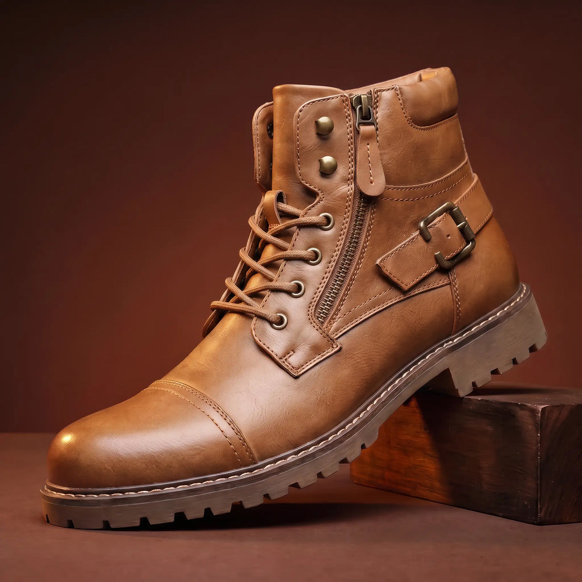 Unisex Biker Boots with Buckle Strap and Side Zip