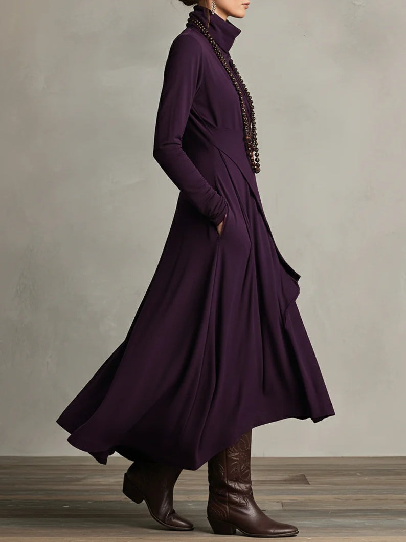 Women's Asymmetrical Pleated Maxi Dress with Turtleneck