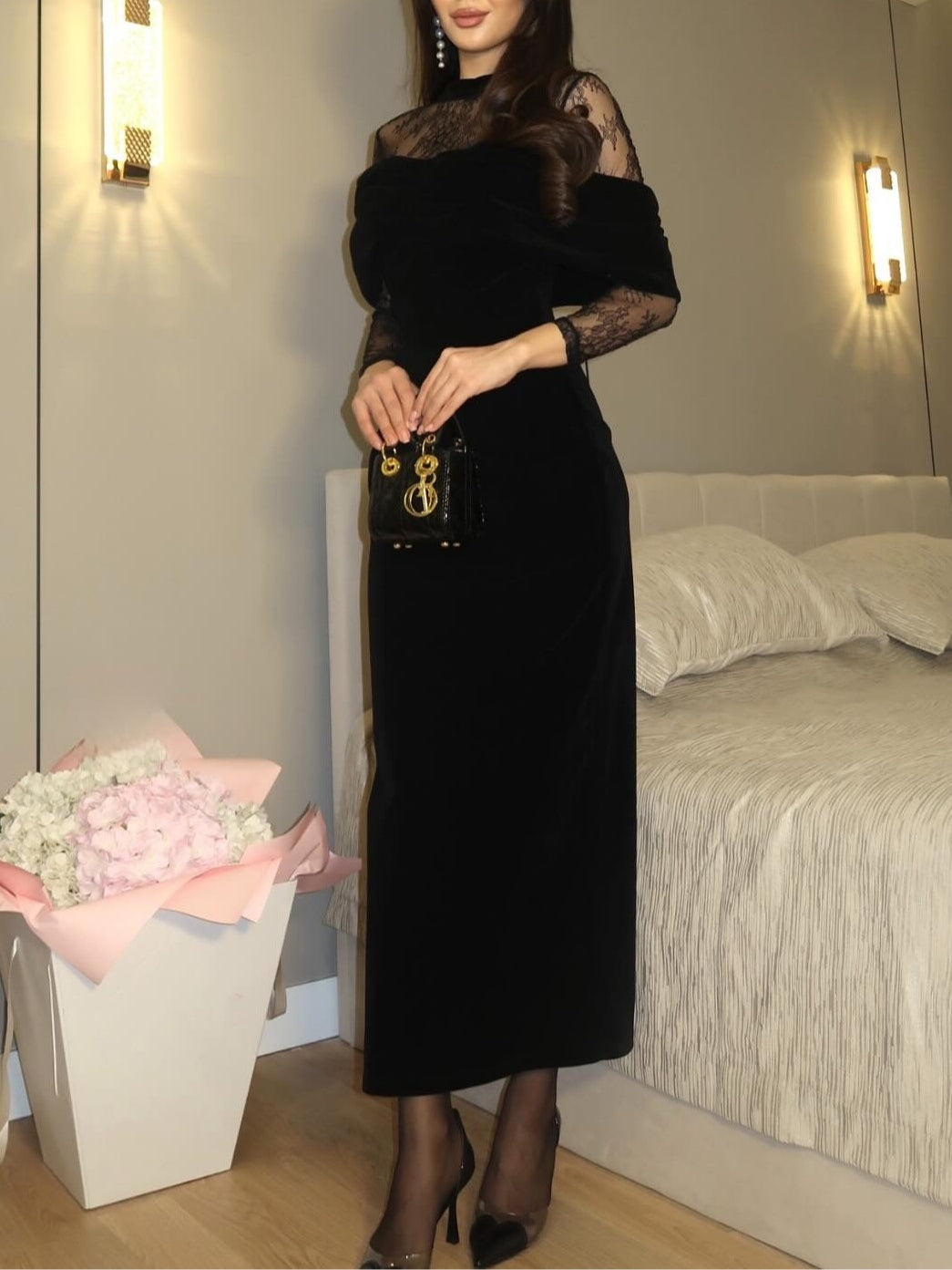 Women's Black Velvet Lace-Trimmed Fitted Maxi Dress