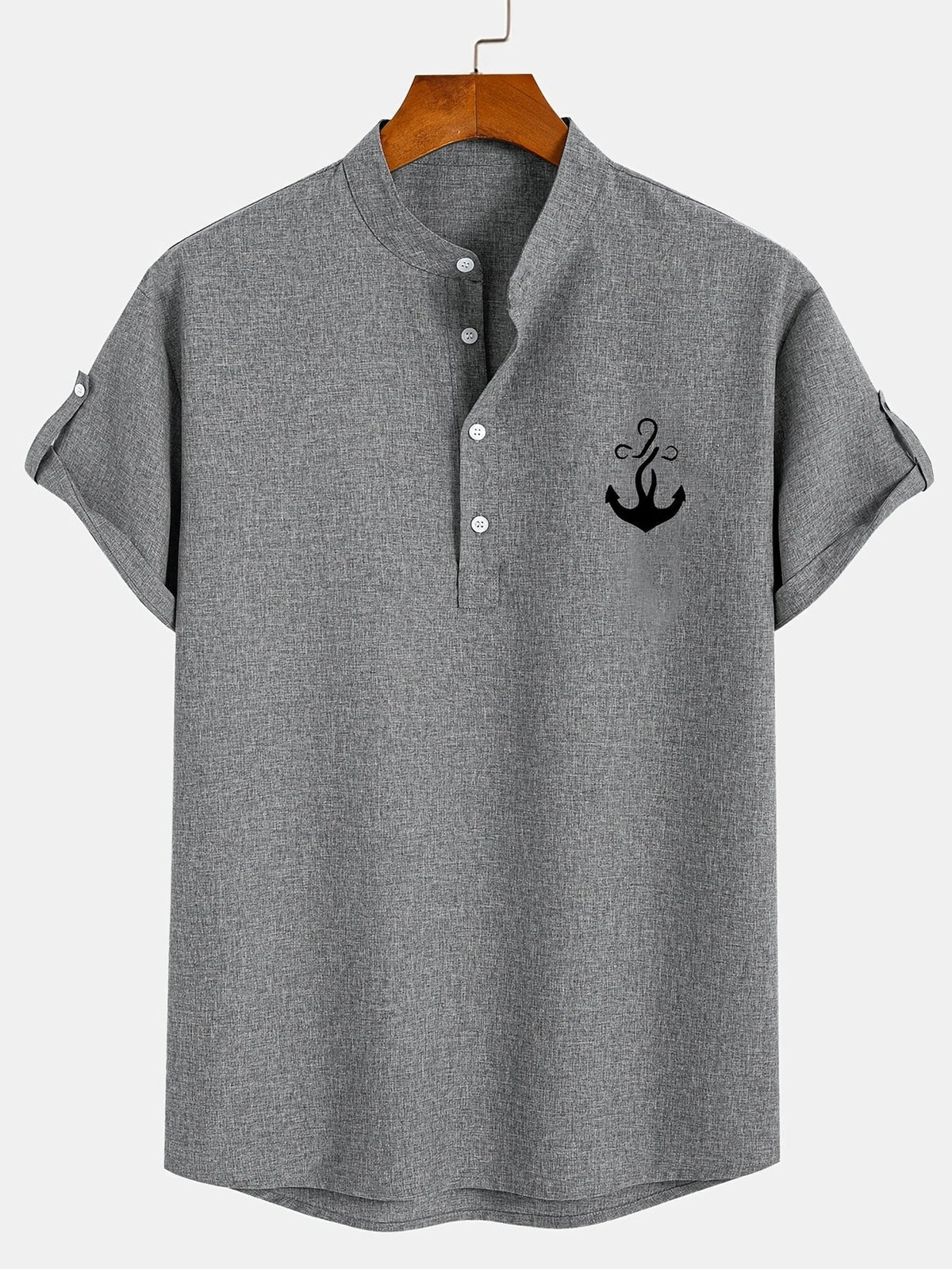 Men's Short-Sleeve Shirt with Stand Collar