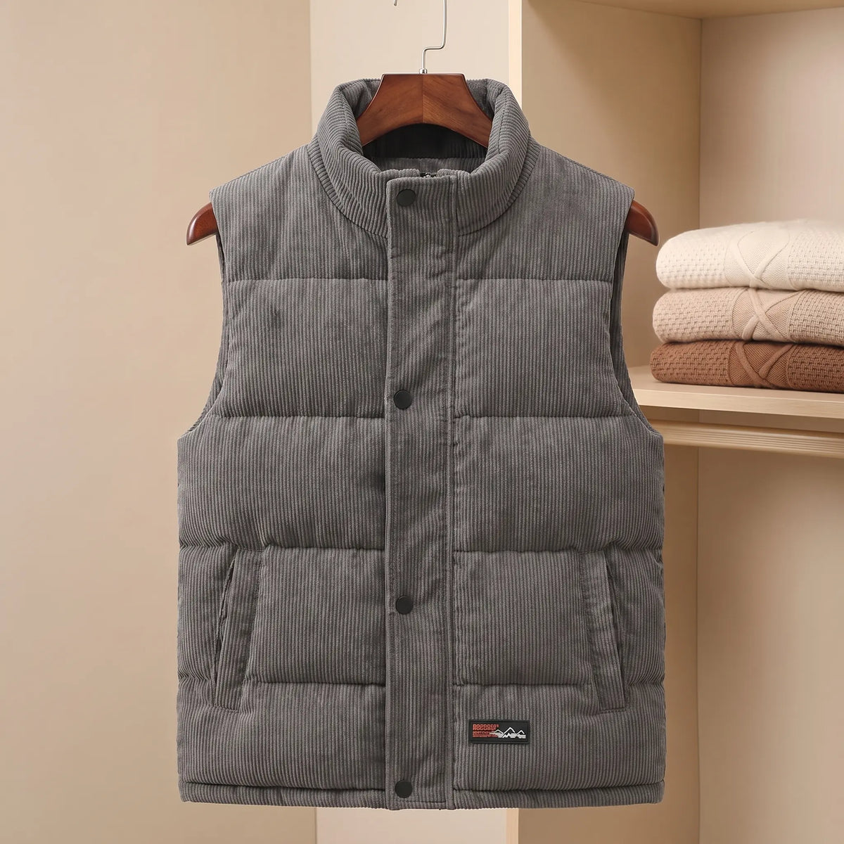 Unisex Corduroy Puffer Vest with Stand Collar