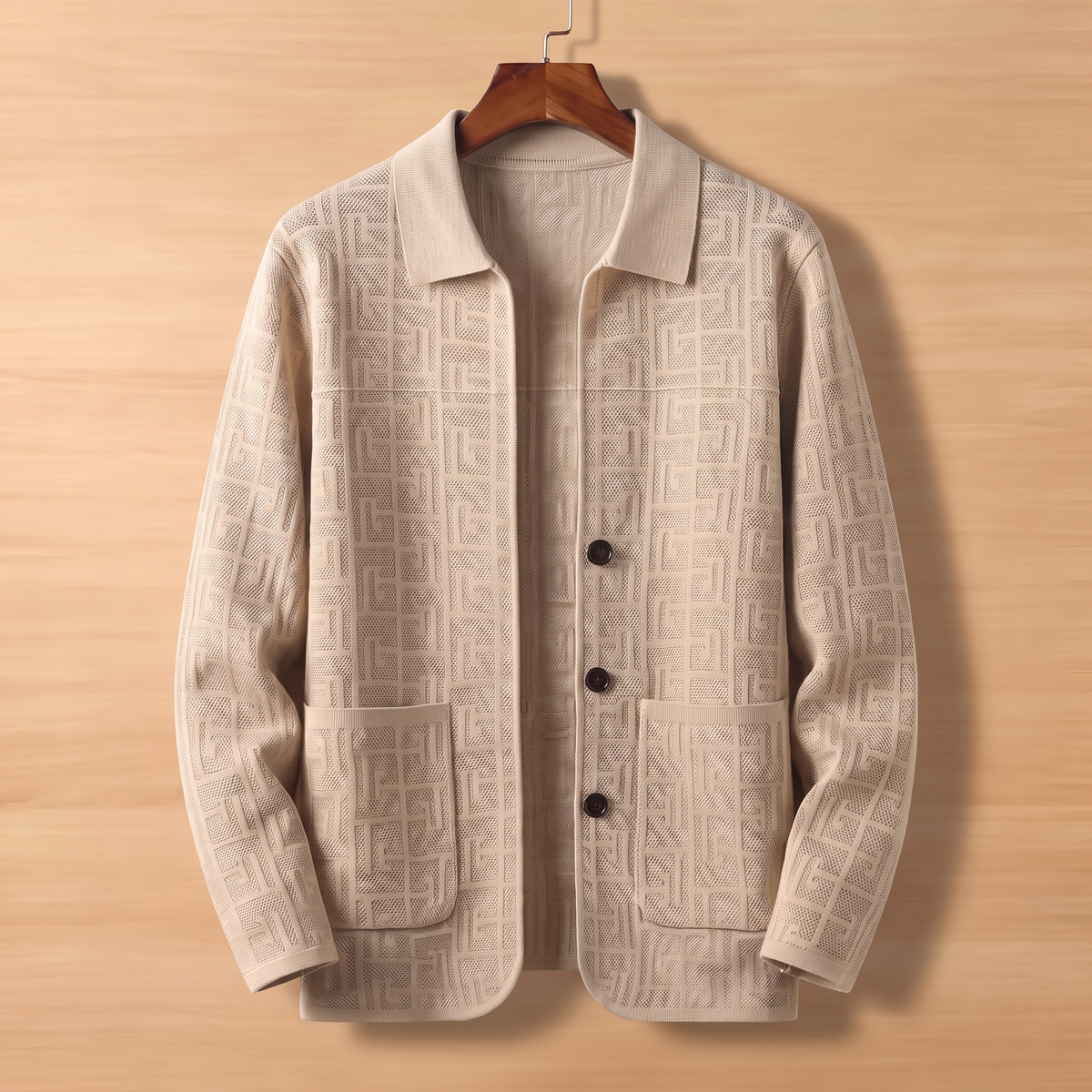 Unisex Jacquard Knit Cardigan with Button Front and Collar