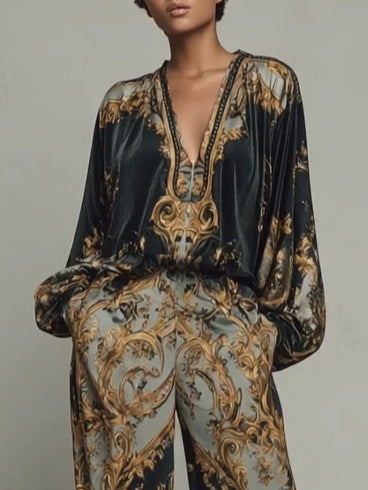 Women's Clothing Set with Floral Print and Wide-Leg Trousers