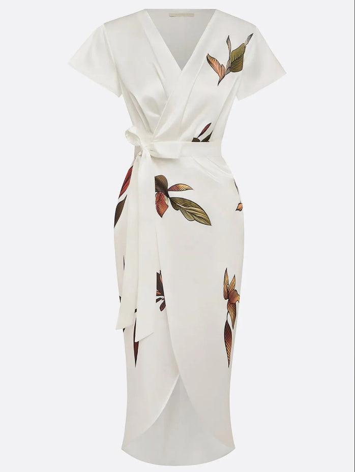 Women's Dress with Leaf Print, V-Neck and Wrap Design