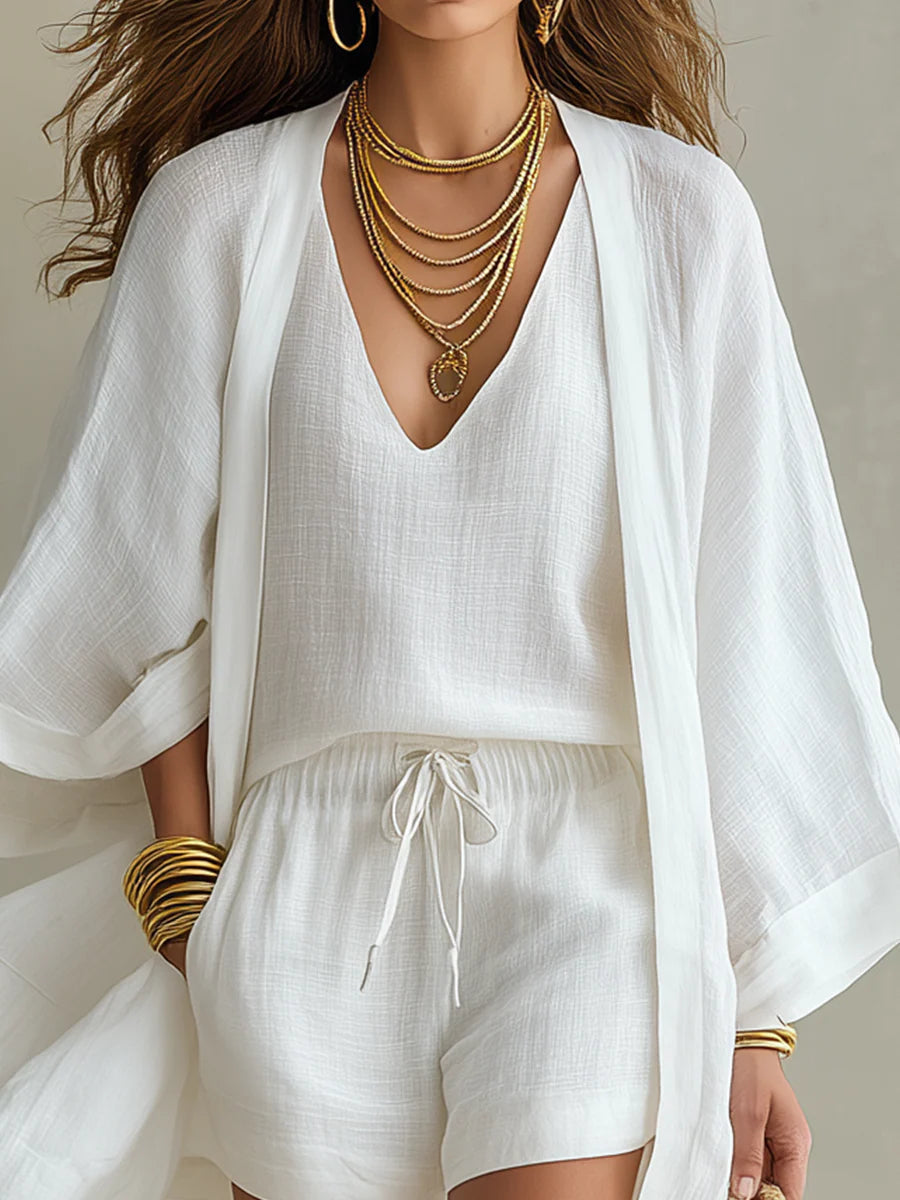 Women's Three-Piece Clothing Set with Cardigan and Shorts