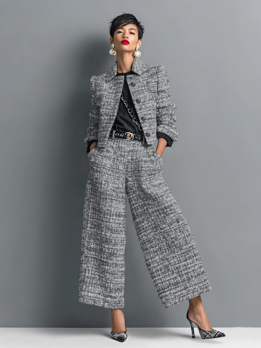 Women's Clothing Set with Long-Sleeve Jacket and Wide-Leg Pants