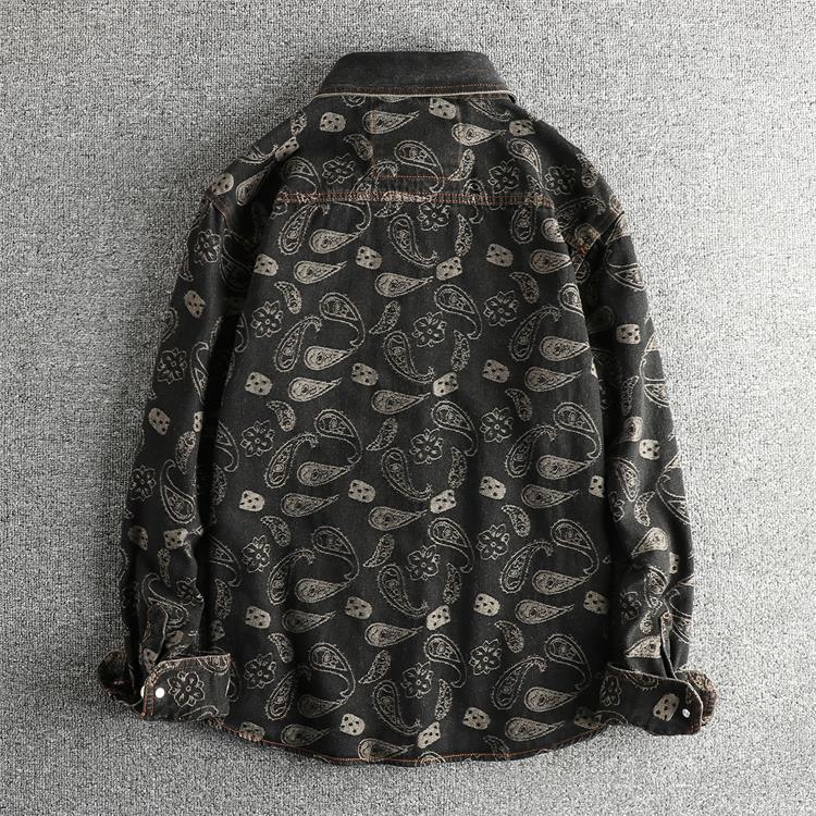 Unisex Denim Shirt with Cashew Flower Pattern