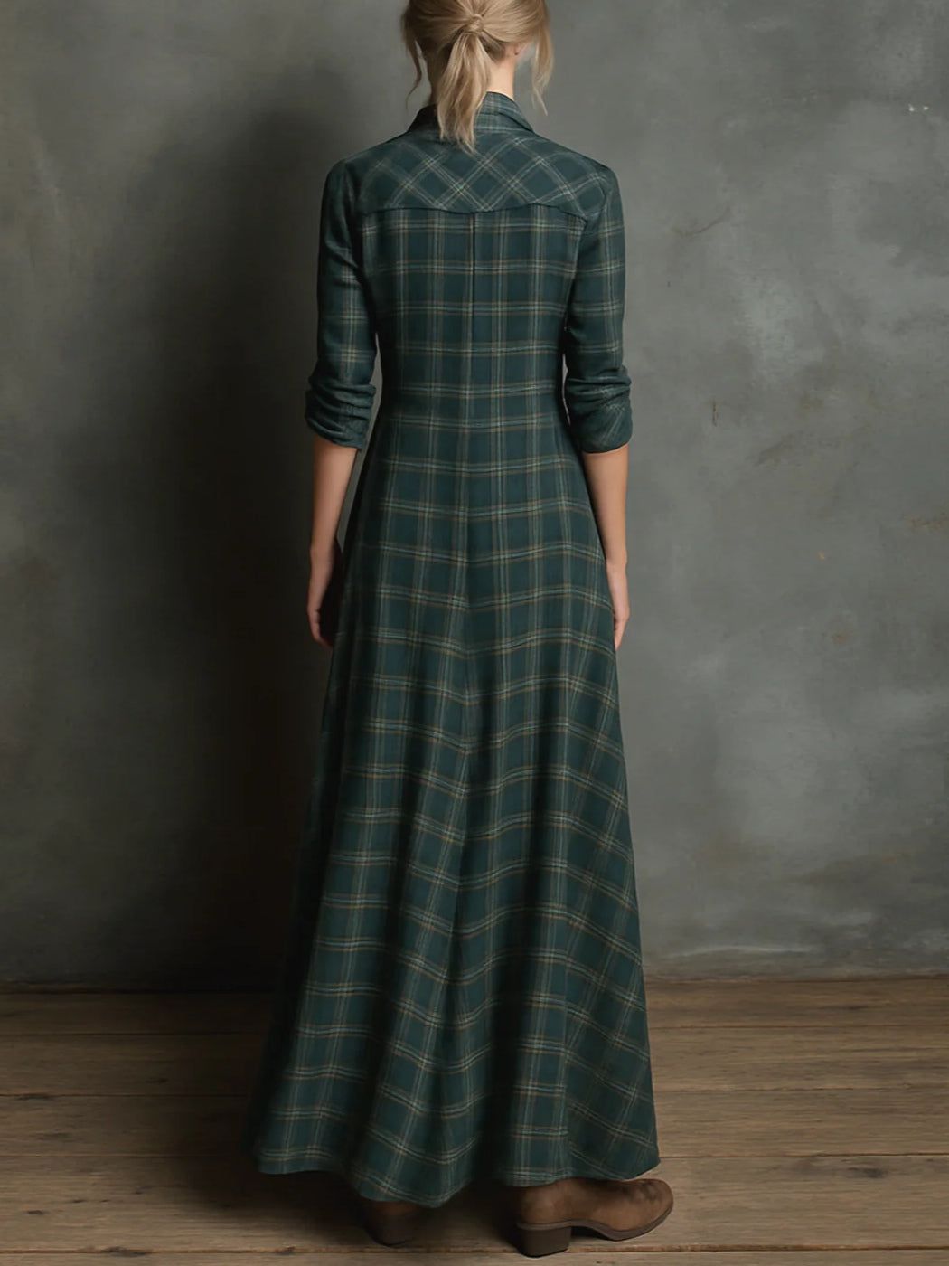 Women's Plaid Lapel Single-Breasted Shirt Maxi Dress