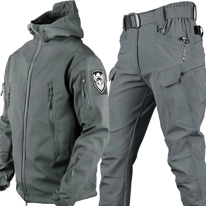 Unisex Outdoor Softshell Clothing Set with Hooded Jacket and Pants