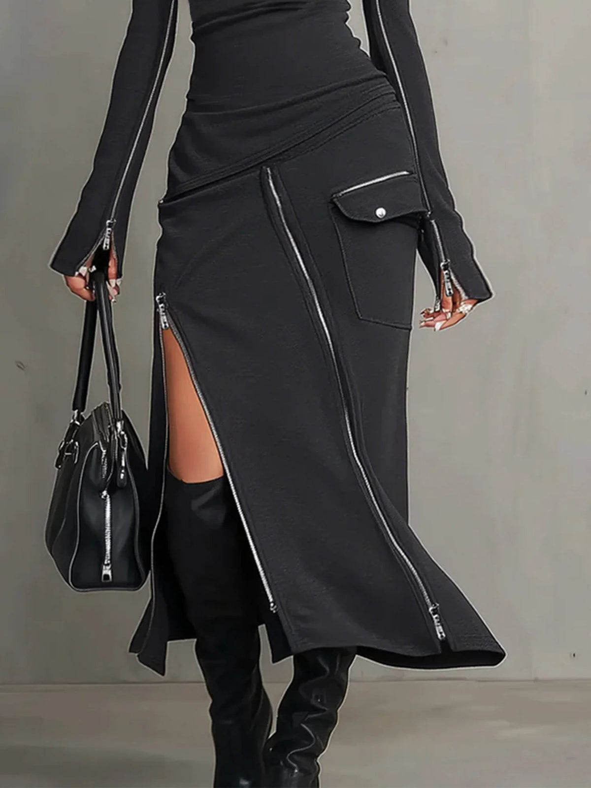 Women's Clothing Set with High Neck and Irregular Zipper Pockets