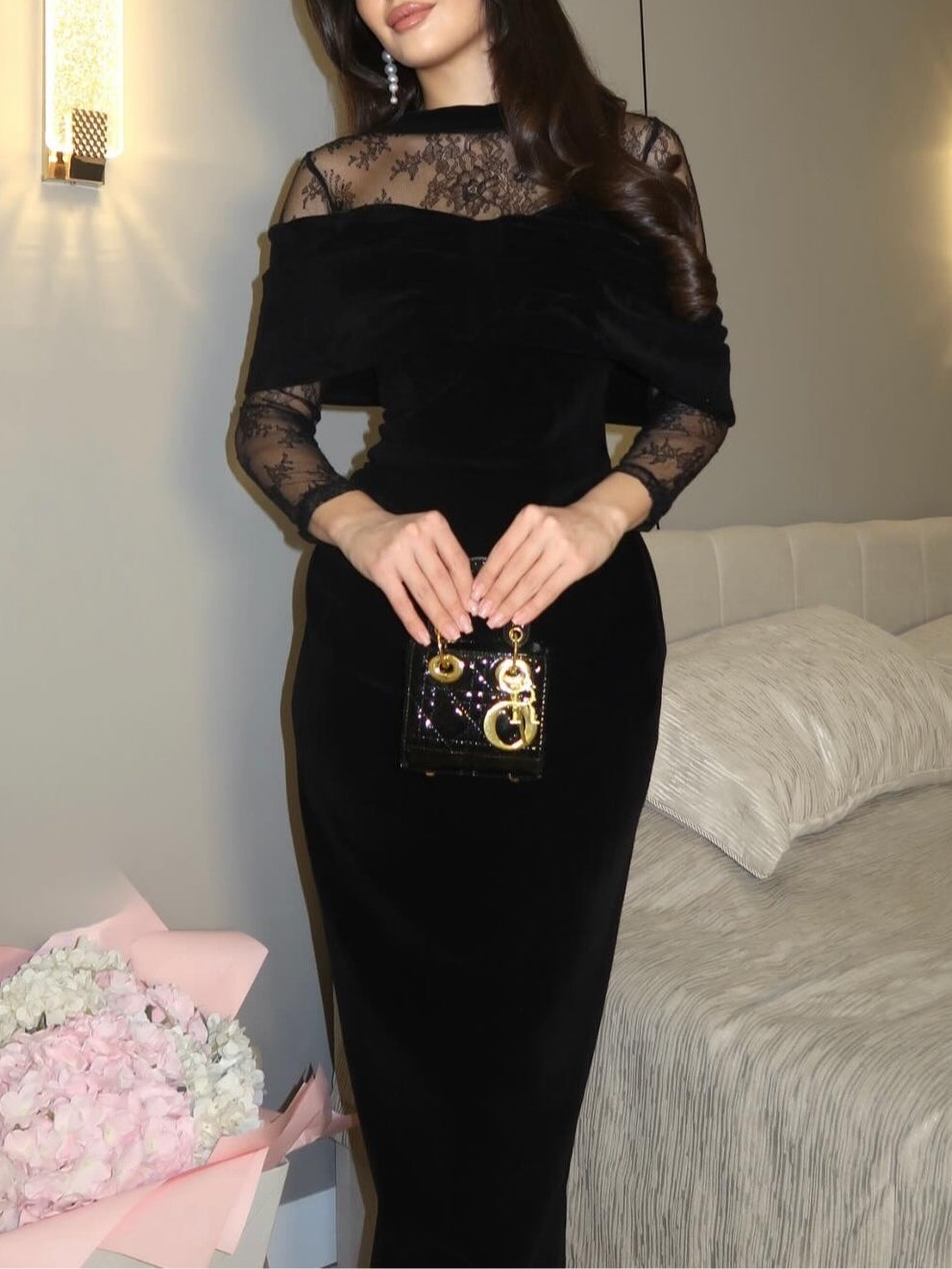Women's Black Velvet Lace-Trimmed Fitted Maxi Dress