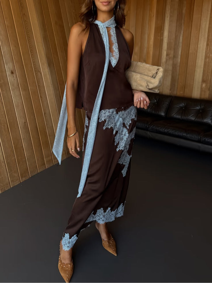 Women's Lace Panel Top and Skirt Set