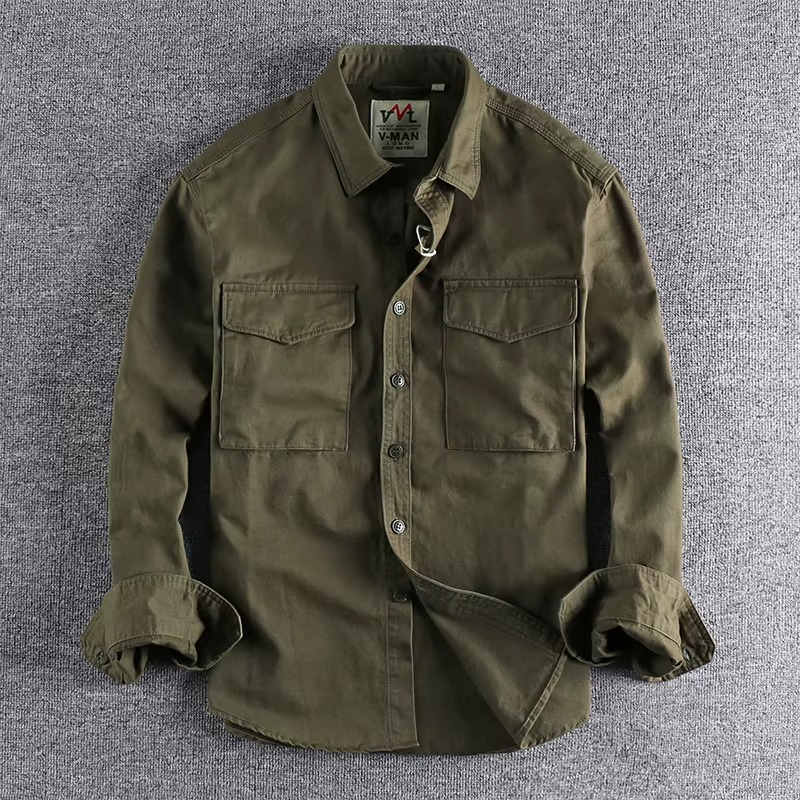 Unisex Long-Sleeve Cotton Twill Shirt with Double Pockets