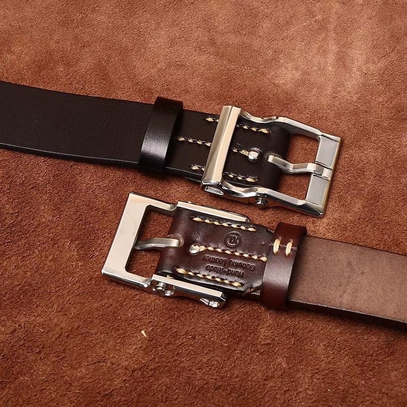 Men's Leather Belt with Solid Brass Pin Buckle