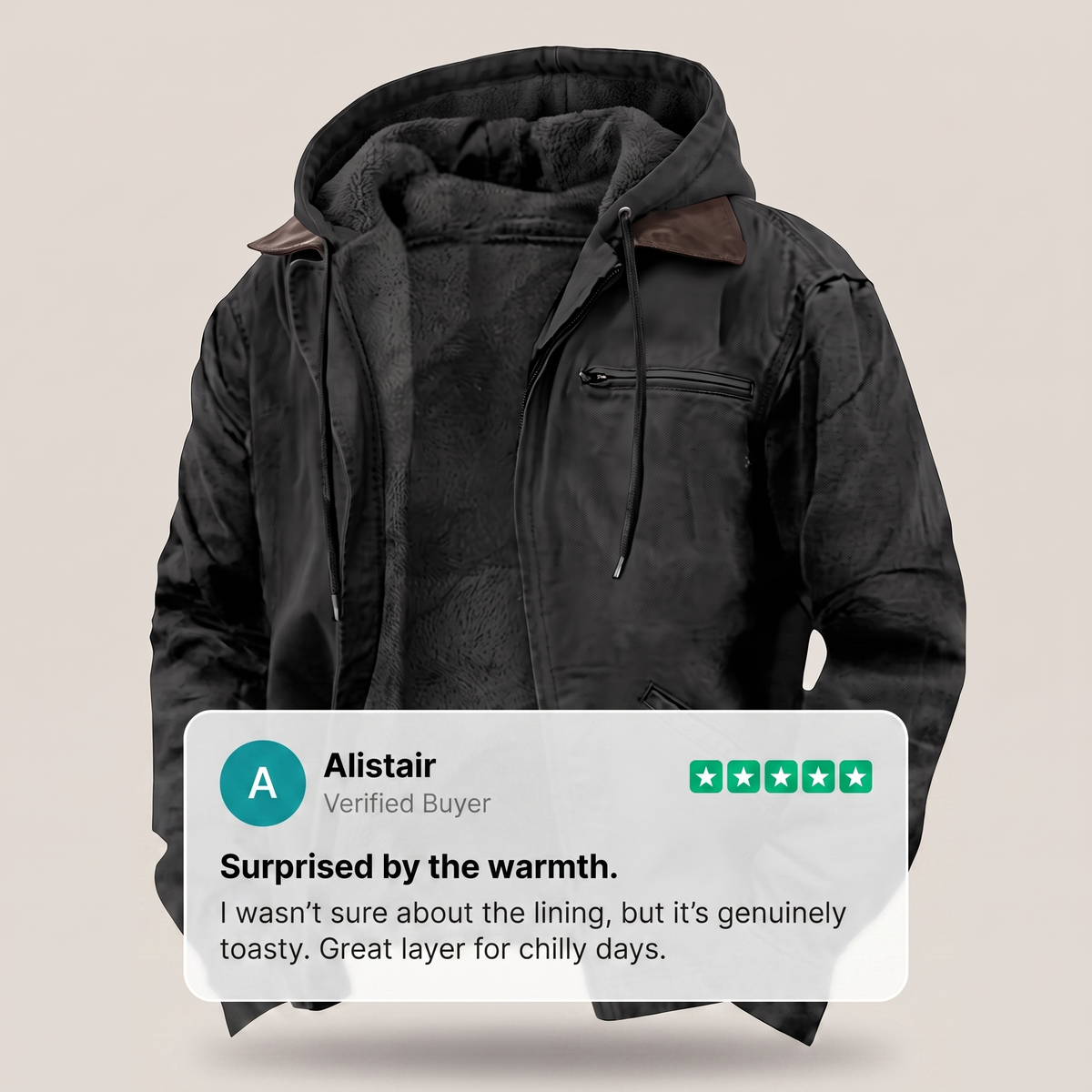 Men's Hooded Jacket with Full Zip and Fleece Lining