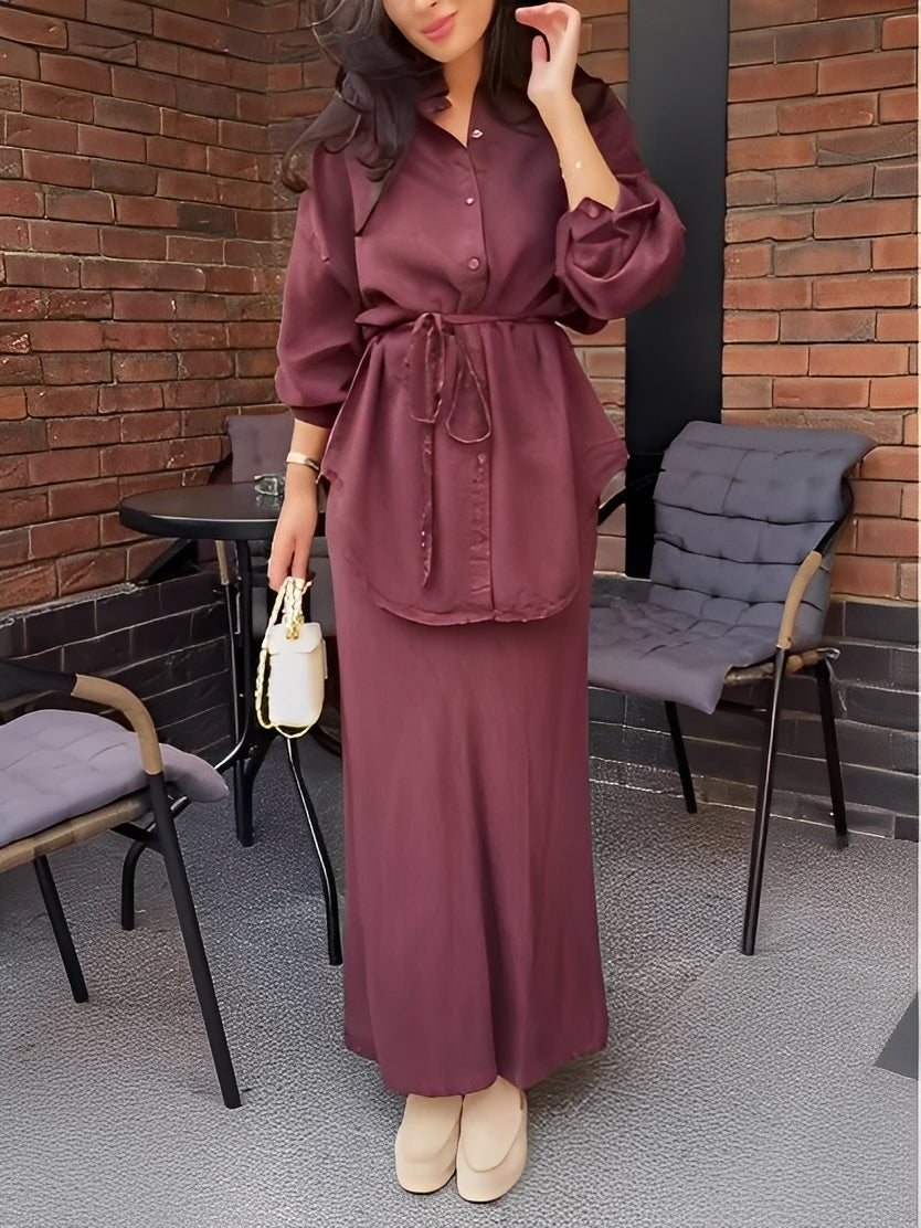 Women's Clothing Set with Long-Sleeved Tie-Drawstring Shirt and Skirt