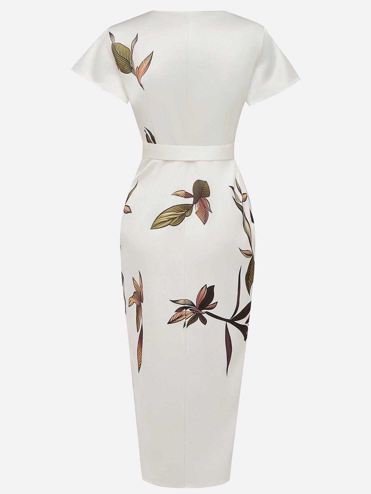 Women's Dress with Leaf Print, V-Neck and Wrap Design