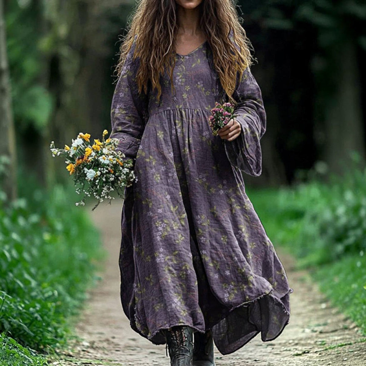 Women's Vintage Western V-Neck Maxi Dress