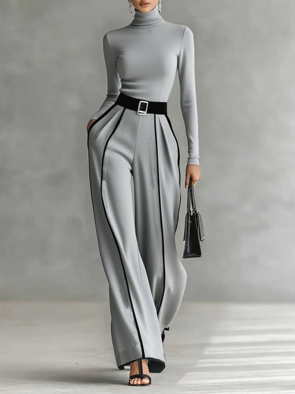 Women's Clothing Set with Turtleneck Top, Wide-Leg Pants and Belt