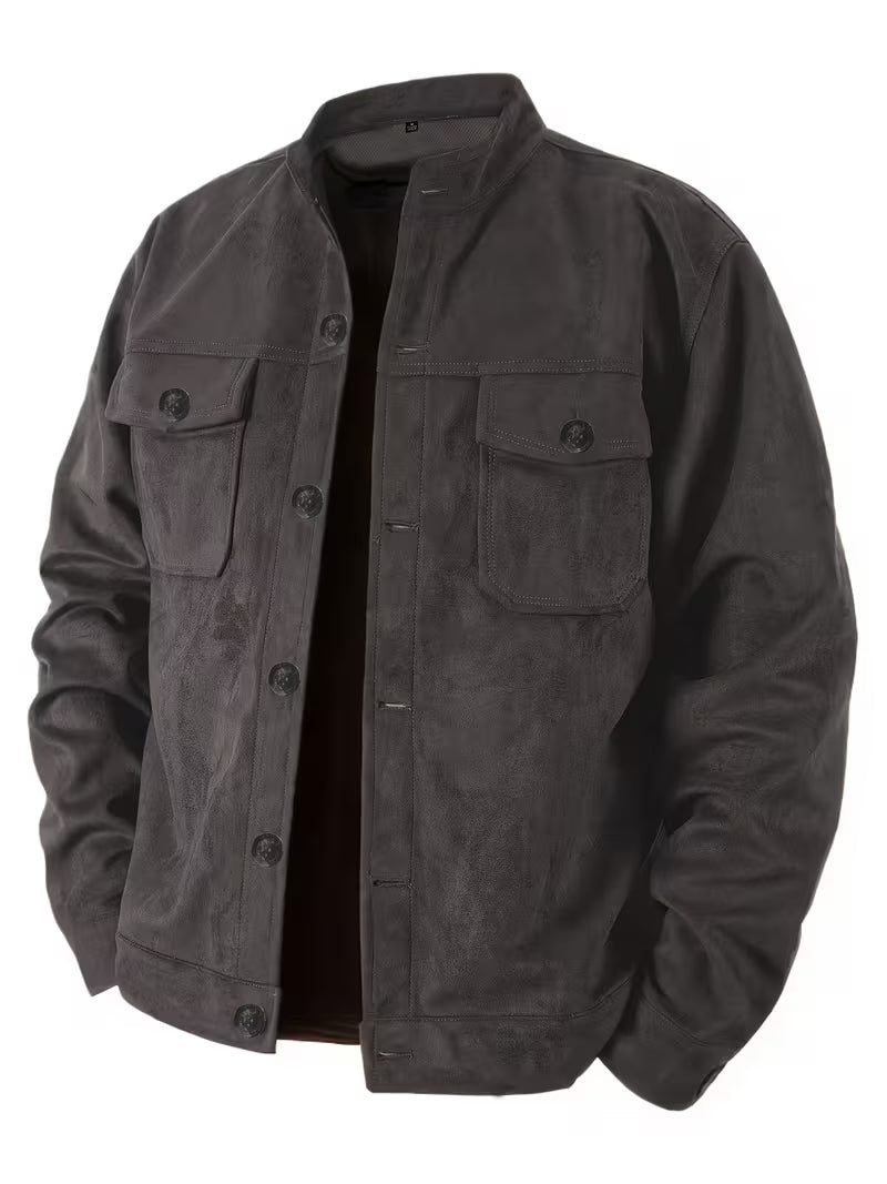 Men's Suede-Look Jacket with Stand Collar and Front Pockets