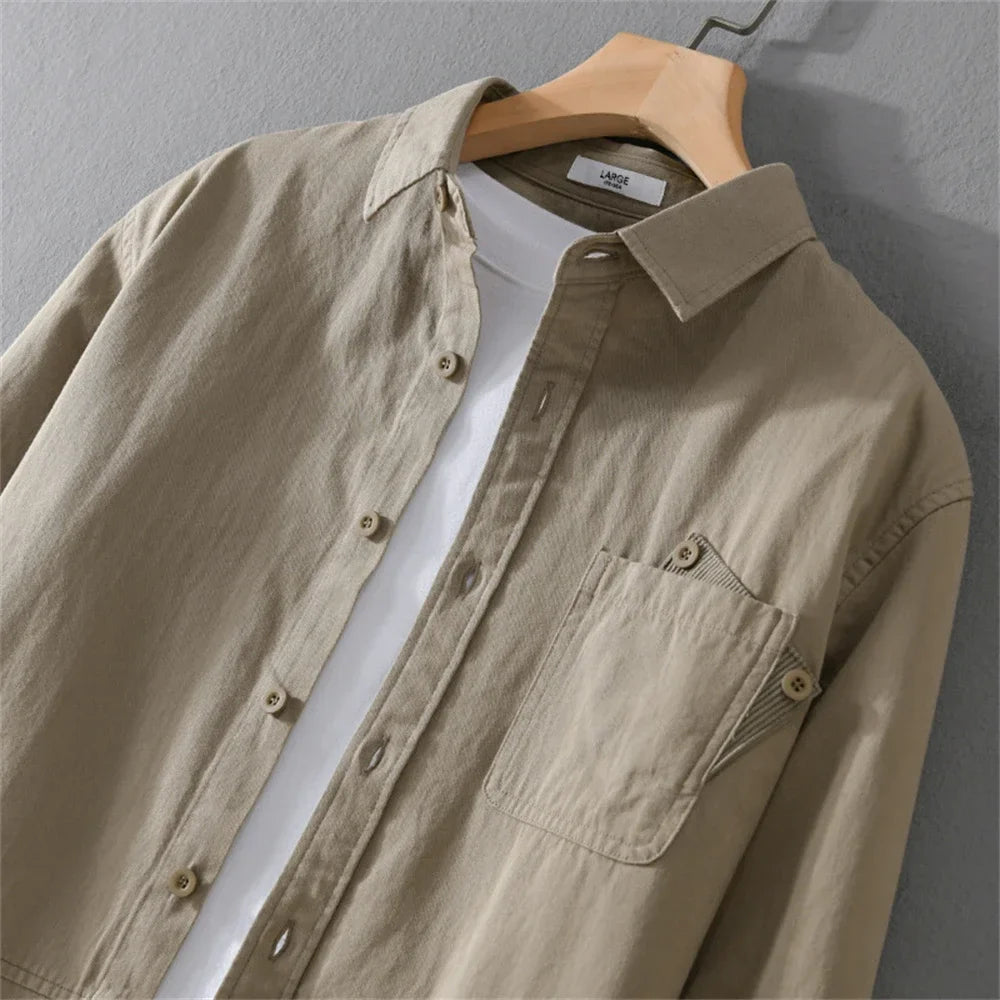 Unisex Cotton Long Sleeve Shirt with Turn-Down Collar