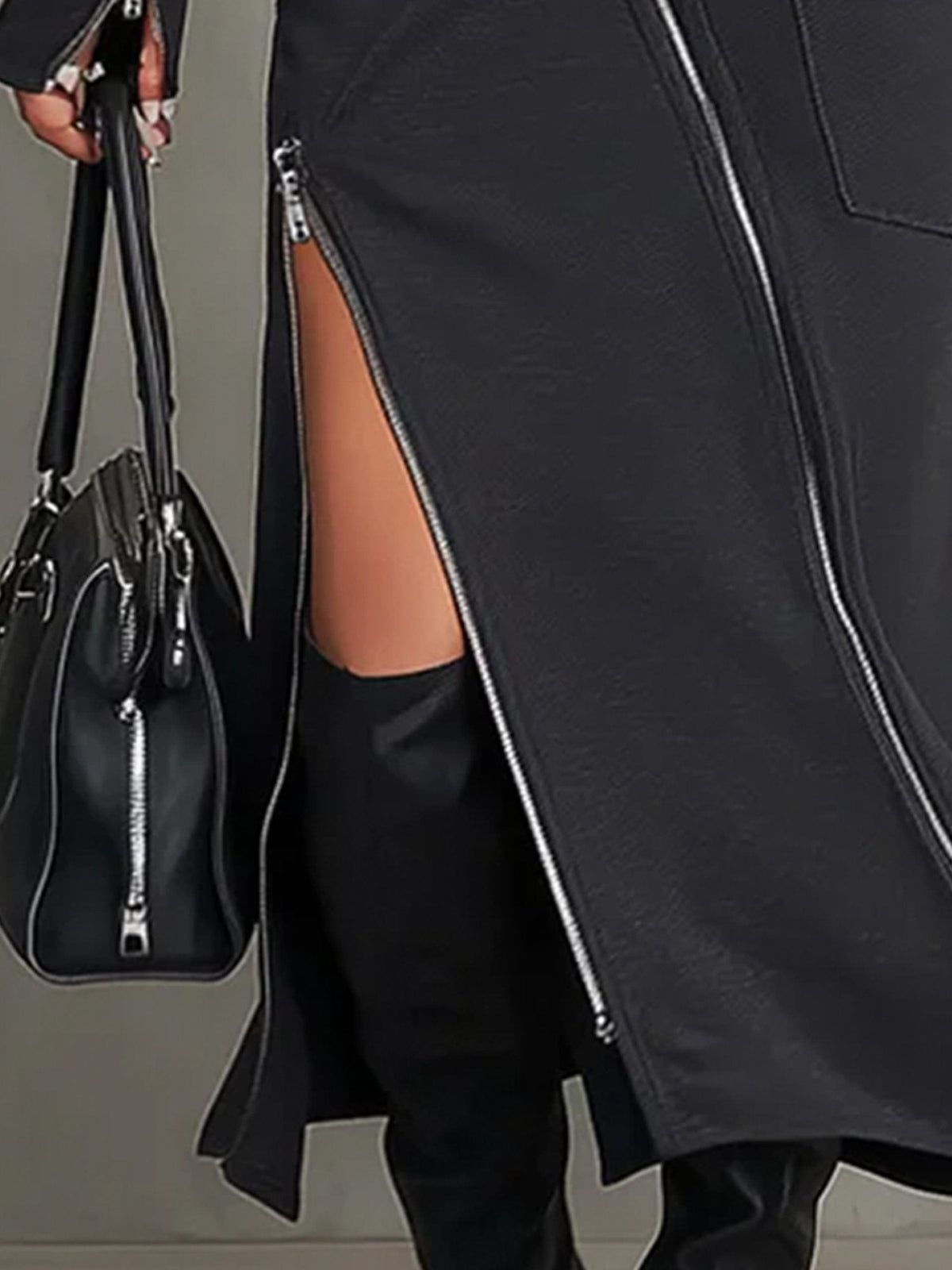 Women's Clothing Set with High Neck and Irregular Zipper Pockets
