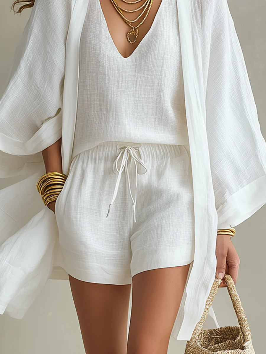 Women's Three-Piece Clothing Set with Cardigan and Shorts
